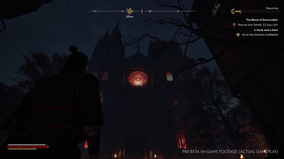 Coen outside Svartrau Cathedral at night, with a compass above and quest objectives on the right