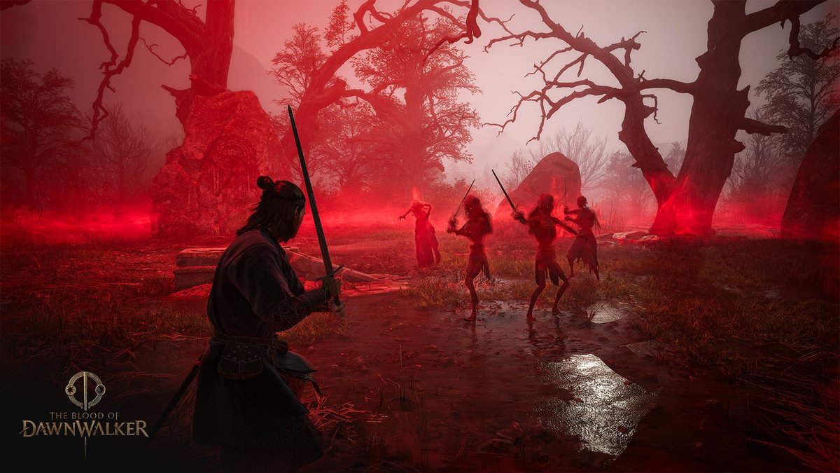 Coen holding a sword while several armed enemies approach through red mist