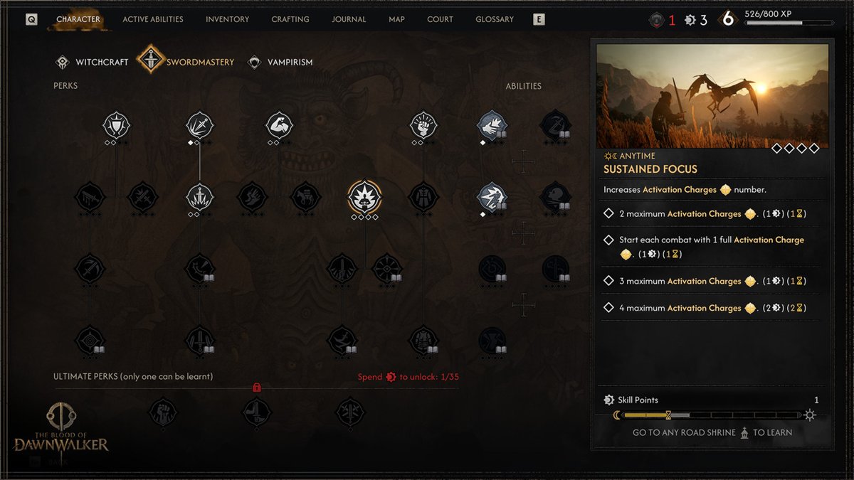 Swordmastery skill tree with Sustained Focus and an Anytime label selected