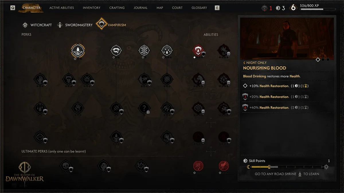 Vampirism skill tree and ability details in the official publisher screenshot